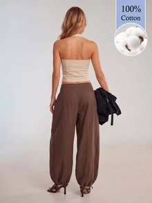Avantive Women's Casual Commute Solid Color Lantern Pants (100% Cotton) - Brown - View 2