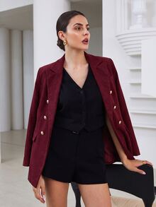 Aveloria Modichic 女款修身收腰紋理粗花呢雙排扣金鈕扣尖領優雅商務酒紅色秋季感恩節洋裝 - 紅色 - 查看 5