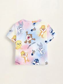 LOONEY TUNES X SHEIN Baby Girl Cartoon Print Round Neck Short Sleeve Top - White - View 8