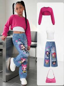 SHEIN 青少年女孩針織純色連帽短版上衣 + 吊帶背心 + 寬鬆休閒長褲 3件套 - 玫紅色 - 查看 4
