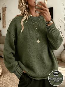Weeklong Plus Size Women's Autumn/Winter Casual Minimalist Versatile Retro Solid Color All-Match Round Neck Drop Shoulder Loose Knit Sweater Top - Green - View 1