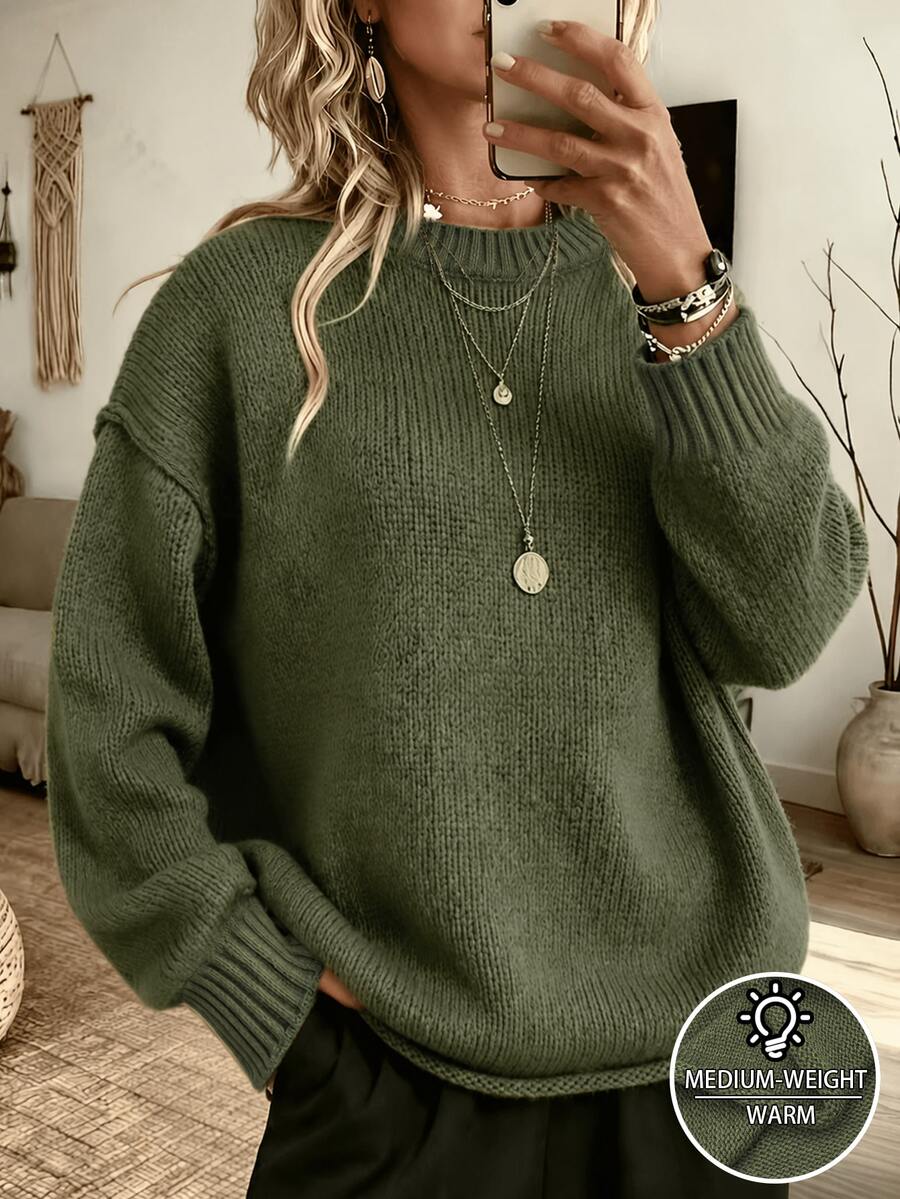 Weeklong Plus Size Women's Autumn/Winter Casual Minimalist Versatile Retro Solid Color All-Match Round Neck Drop Shoulder Loose Knit Sweater Top - Green - View 1