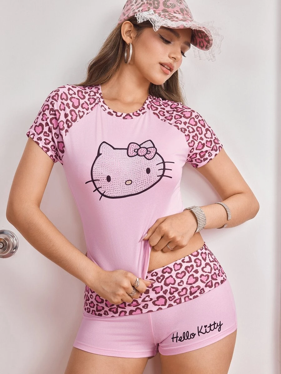 HELLO KITTY AND FRIENDS | SHEIN Women's Leopard Print Heart Patchwork Rhinestone Cartoon Print T-Shirt & Shorts 2pcs Set - Pink - View 1