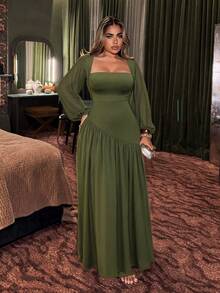 NU&NOW Plus Size Women Olive Green Sequin Mermaid Long Dress Long Sleeve V-Neck Ruched Slit Formal Evening Gown Wedding Guest Banquet Party Dress Fall - Dark Green - View 3