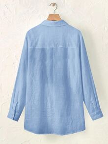 SHEIN BASICS Plus Size Autumn Casual Versatile Solid Color Shirt - Blue - View 2