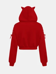 SHEIN Girlism 兒童青少年女孩秋冬萬聖節時尚街頭風黑色貓耳連帽長袖抽繩套頭運動衫 - 紅色 - 查看 6