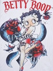 Betty Boop x SHEIN 女款字母印花不對稱肩短袖休閒上衣 - 白色 - 查看 8