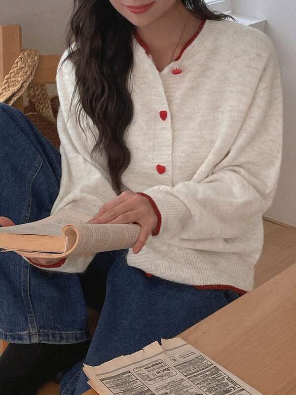 DAZY Women's Contrast Trim Heart Button Loose Long Sleeve Round Neck Casual Vacation Korean Style Autumn/Winter Knit Cardigan