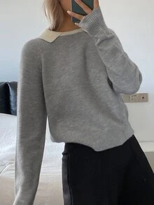 DAZY 女款拼接撞色寬鬆長袖領口休閒度假韓風日常秋冬針織毛衣 - 灰色 - 查看 2