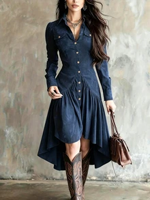 LUMIGAL Gaun Midi A-Line Vintage, Desain Kerah Tegak - Potongan A-Line yang Melangsingkan, Gaun Warna Polos, Cocok untuk Dipakai di Musim Semi dan Gugur, Acara Kasual dan Semi-Formal - Navy Blue - View 5