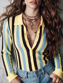 Solivie 女款秋季毛衣上衣，藍色與棕色條紋 Polo 領毛衣，適合休閒日常穿著 - 彩色 - 查看 9
