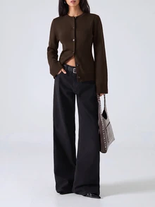 LYSMO Women's Vintage Single-Breasted Long Sleeve Pocket Knit Top - Brown - View 6