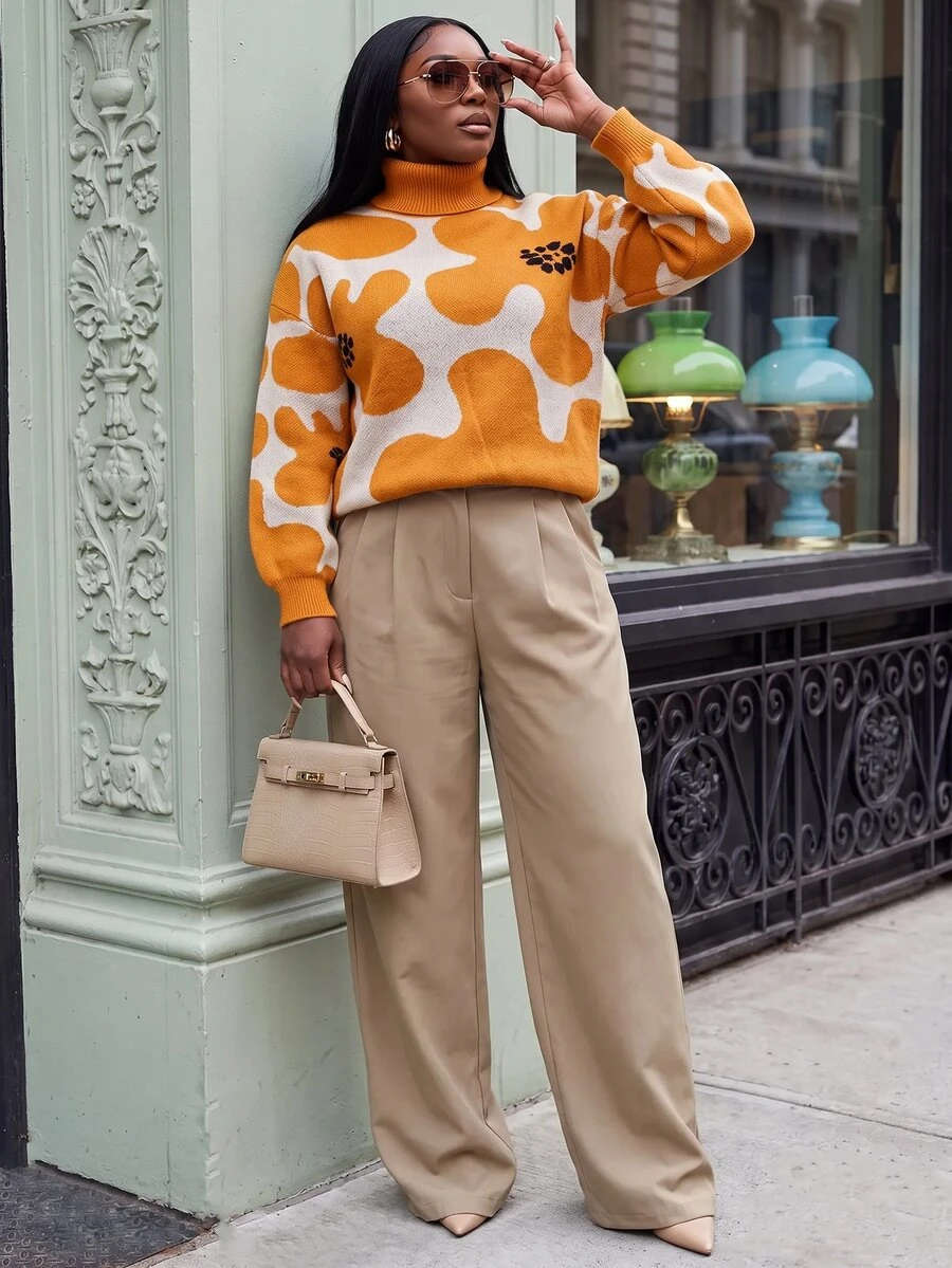 Slaydiva Sweater Pullover Lengan Panjang Leher Tinggi Jacquard Ukuran Plus untuk Liburan Musim Dingin
