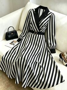 GlowEve CURVE Plus Size Casual Striped Colorblock Long Sleeve Dress - Black and White - View 1