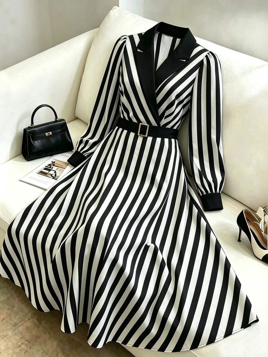 GlowEve CURVE Plus Size Casual Striped Colorblock Long Sleeve Dress - Black and White - View 1