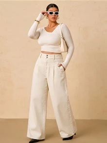 SHEIN Tall CURVE 大尺碼女款高腰口袋寬腿寬鬆休閒牛仔褲 - 卡其色 - 查看 7