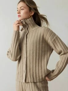 Dazy-Less Women's High Neck Button Long Sleeve Sweater And Pants 2 Pieces Set - Khaki - View 6
