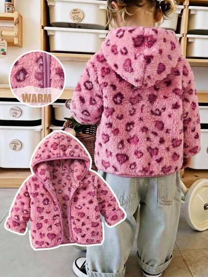Cozy Pixies Baby Girl Cartoon Animal Leopard Print Thermal Lined Thick Hooded Zipper Long Sleeve Jacket Autumn Coat Suitable For Winter