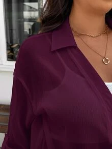 SHEIN Frenchy Women's Plus Size Dark Green Chiffon Blouse, Loose Semi-Sheer Shirt, Casual Elegant Sexy, 2025 Spring/Summer Brunch Going Out Night - Purple - View 9