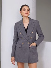Aveloria Modichic 女款寬肩修身長版紋理西裝外套，雙排扣金色鈕扣，優雅商務老錢風棕色千鳥格秋季女裝 - 藍色 - 查看 2