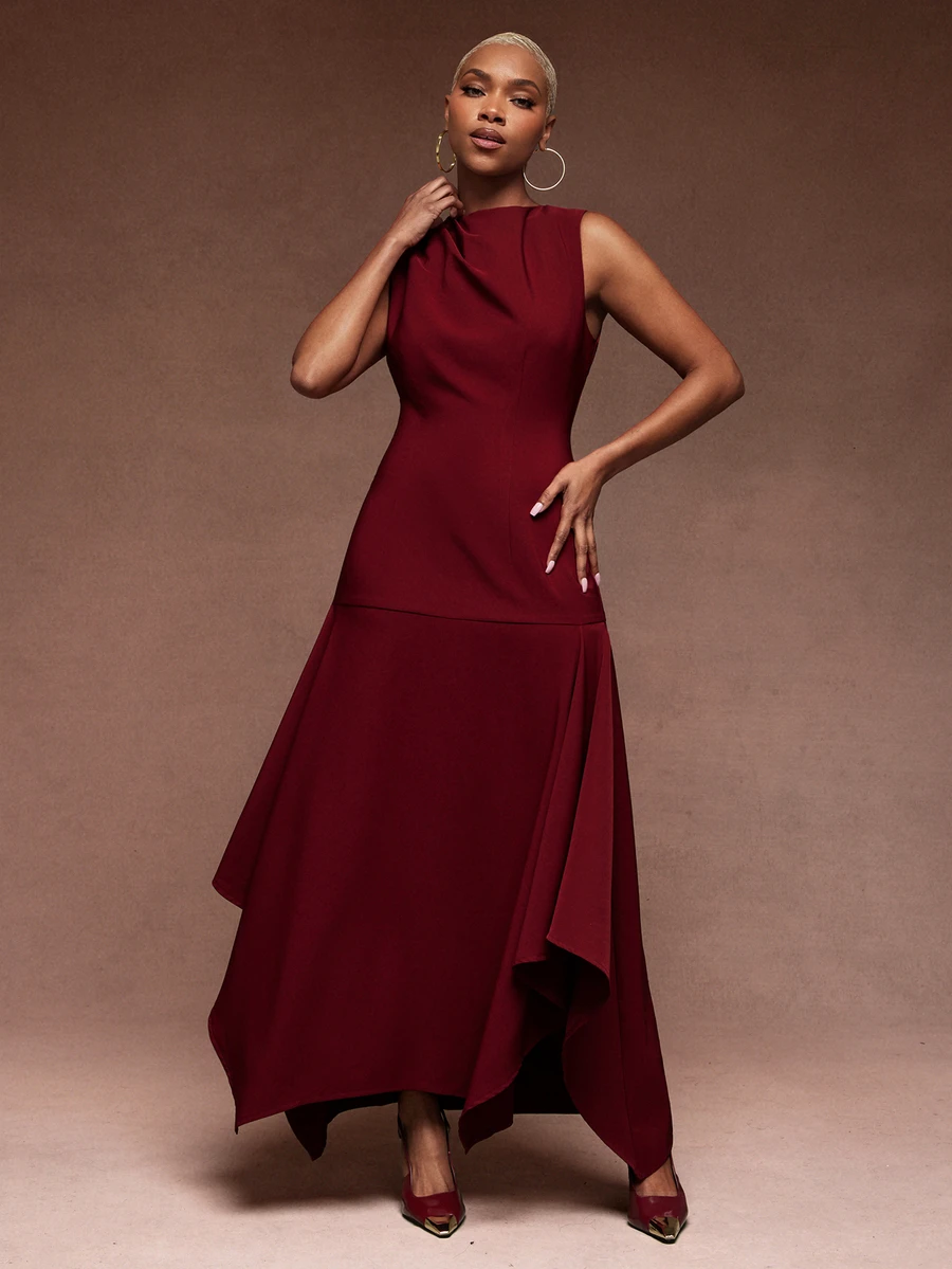 Vixey Women's Elegant Pleated Asymmetrical Hem Dress - Burgundy - View 1