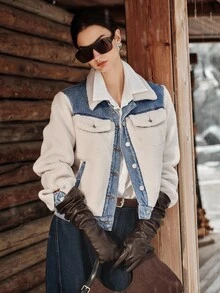 Anewsta Jaket Jeans Biru Patchwork Wol Domba Komposit Mode Baru untuk Wanita - Krem - View 1