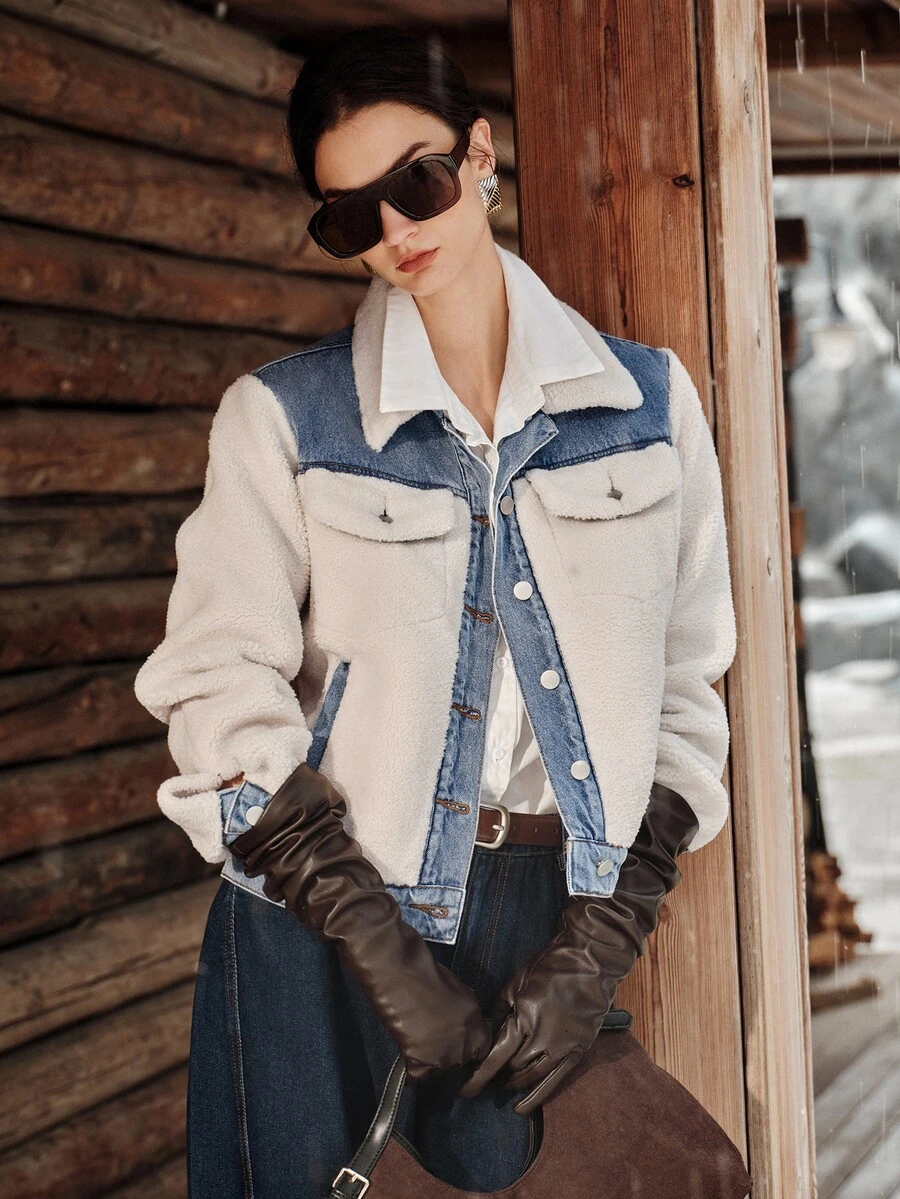 Anewsta Jaket Jeans Biru Patchwork Wol Domba Komposit Mode Baru untuk Wanita - Krem - View 1