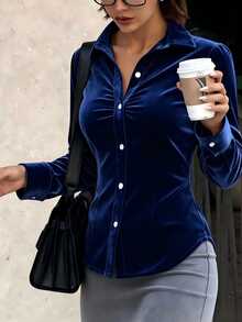 SHEIN LUNE Colored Velvet Royal Blue Button Front Ruched Decor Lapel Long Sleeve Slim Fit Waist Blouse Suitable For Office Commute Business Date Fall Elegant - Blue - View 1