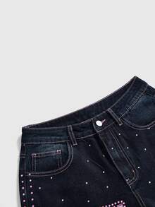 ROMWE Street Life Street Style Y2K Sweet & Cool Pink Leopard Print Star Rhinestone Wide Leg Women's Jeans - Dark Wash - View 3