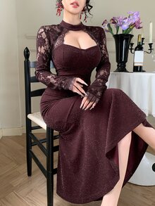 DAZY Women's Elegant Lace Patchwork Sexy Mermaid Dress - Brown - View 7
