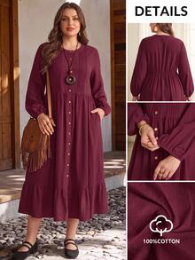 EMERY ROSE Plus Size Burgundy Ruched Button Front Ruffle Round Neck Long Sleeve Dress Fall Winter 2026 - Burgundy - View 2