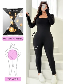 Solflare Plus Size Casual Fitted Long Sleeve Jumpsuit For Daily Wear - Black - View 1