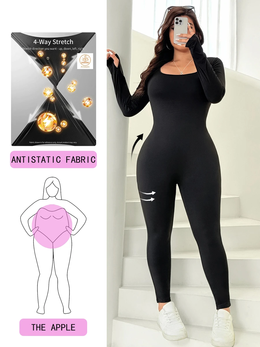Solflare Plus Size Casual Fitted Long Sleeve Jumpsuit For Daily Wear - Black - View 1