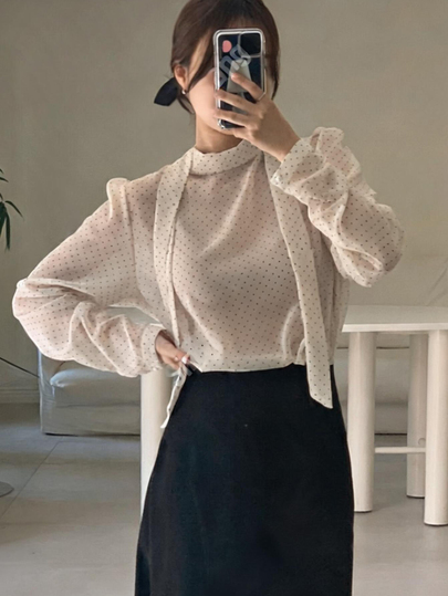 DAZY Beige Polka Dot Stand Collar Tie Lantern Sleeve Loose French Elegant Long Sleeve Chiffon Blouse For Women Daily Wear