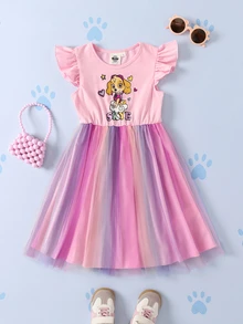 SHEIN | PAW Patrol Young Girl Heart Print Round Neck Flutter Sleeve Dress - Pink - View 1