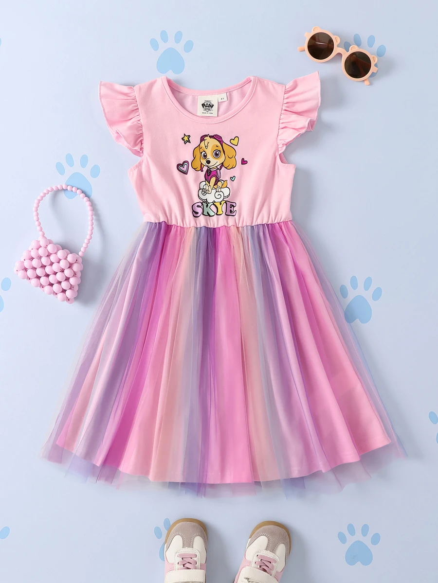 SHEIN | PAW Patrol Young Girl Heart Print Round Neck Flutter Sleeve Dress - Pink - View 1