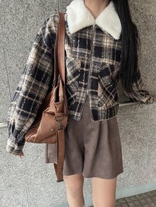 FRIFUL 女款拼接毛領格紋拉鍊休閒夾克 秋季 - 棕色 - 查看 4