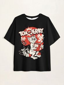 TOM & JERRY X SHEIN 男士卡通圖案印花圓領短袖T恤 - 白色 - 查看 7
