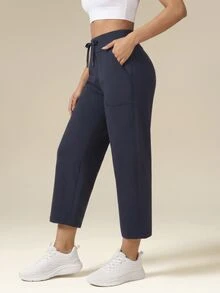 OutZeal Women Sports Pants Solid Color Yoga Casual Studio Natural Soft High Waist Straight Leg Cropped Active Bottom Summer Spring - Navy Blue - View 6
