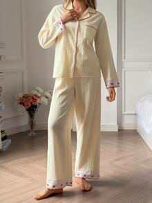 DAZY Women's Colorblock Long Sleeve Top And Pants Casual Daily Home Sleepwear Set - Beige - View 5