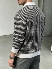 TONEVAULT Men's Striped Polo Collar Long Sleeve Casual Sweatshirt - Black and White - View 2
