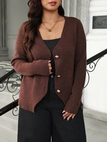 Vionelle Cardigan Rajut Lengan Panjang Leher V Ukuran Besar untuk Wanita, Kancing Emas Mengkilap Besar, Belahan Depan di Bagian Bawah, Jaket Sweater Rajut Bertekstur Pas Badan - Burgundy - View 4