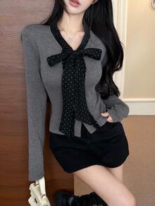 DAZY Grey V-Neck Polka Dot Tie Bow Frill Trim Long Sleeve Slim Fit Women's Knit Sweater, Versatile For Daily Wear Fall - Grey - View 3