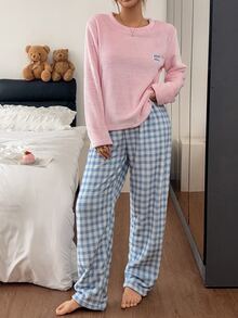 Napfluff Pullover Flanel Warna Polos, Celana Lengan Panjang Motif Kotak-kotak, Pakaian Santai - MultiWarna - View 7
