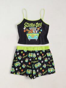 SCOOBY-DOO X SHEIN Plus Size Women Letter Print Camisole Top And Shorts Pajama Set -DOO - Black - View 1