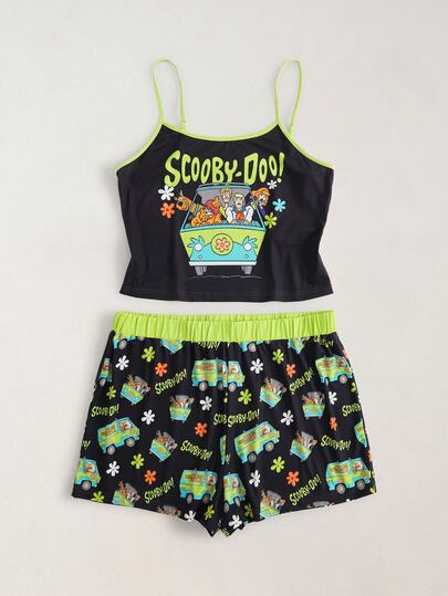 SCOOBY-DOO X SHEIN Plus Size Women Letter Print Camisole Top And Shorts Pajama Set -DOO
