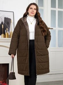 SHEIN Clasi 大尺碼女款優雅冬季燈芯絨加厚連帽外套，附口袋與抓絨內裡，中長版 - 摩卡棕 - 查看 4