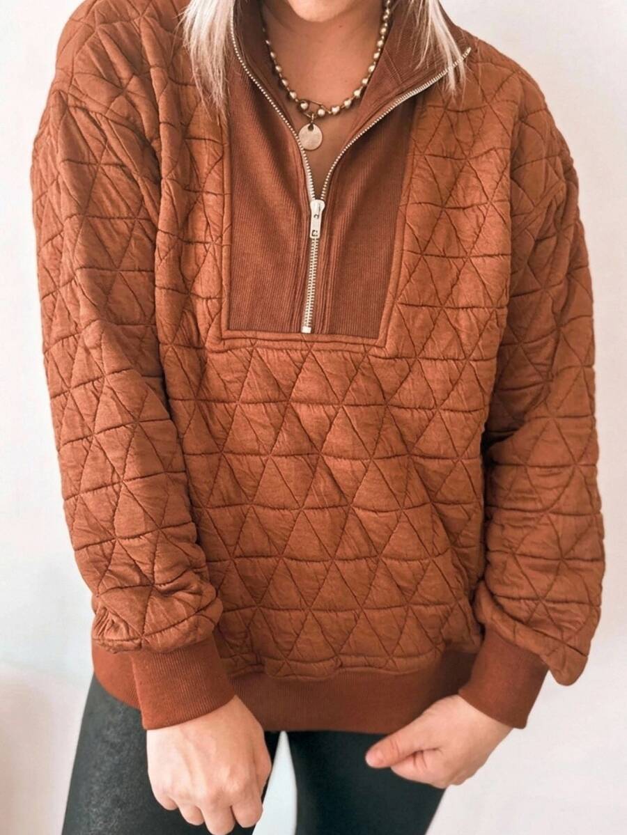 EMERY ROSE Plus Size Women's Solid Color Casual Daily Long Sleeve Zip-Up Sweatshirt,Autumn/Winter,Going Out,Winter,Business,Everyday Wear - Brown - View 1