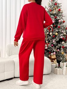 SHEIN Maternity Solid Color Crew Neck Long Sleeve Sweatshirt And Pants Casual 2 Pieces Set - Red - View 7