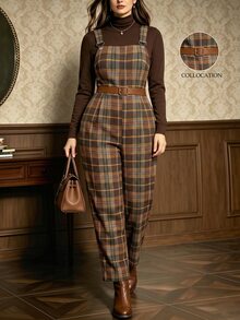 Auvina Plus Size Vintage Plaid Commuter Jumpsuit - Brown - View 3